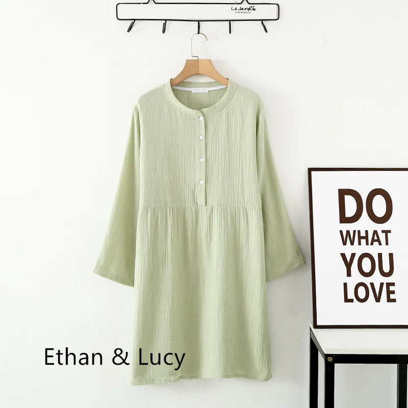 Spring and Autumn Women's Long Sleeve Nightdress 100%Cotton Crepe Round Neck Button Solid Color Dress Home Dress Nightgown Dress