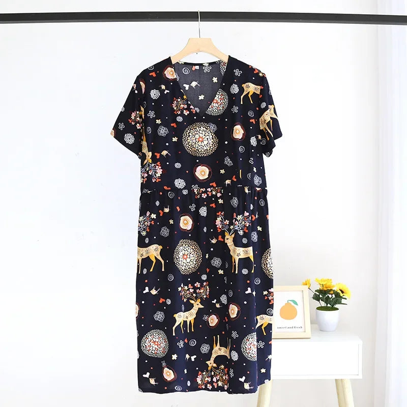 Summer New Ladies V-neck Nightdress 100% Viscose Short Sleeve Home Dress Floral Comfort Large Size Dress Thin Section women