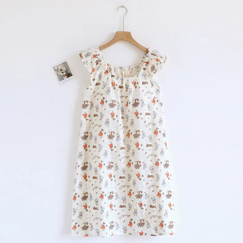 2025 New Summer Women's Sleeping Skirt 100% Cotton Crepe Cloth with Chest Cushion Tank Top Skirt Loose Thin Large Home Clothing