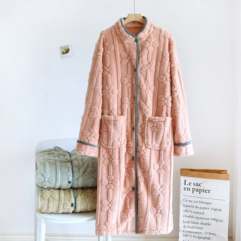 Autumn and Winter 2025 New Women's Nightgown Flannel Sweet and cute Bathrobe Women's Nightdress Stand collar Button Home Dress