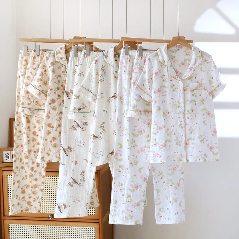 2025 New Spring/Summer Women's Pajama Set 100% Cotton Crepe Cute Thin Short Sleeve+Shorts+Pants Home Clothes 3-Piece Set