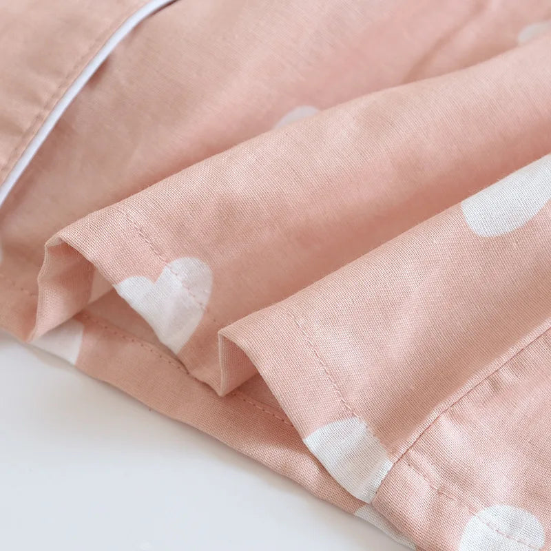 New spring and summer women's pajamas three-piece set short sleeves + shorts + trousers 100%cotton gauze love print homewear set