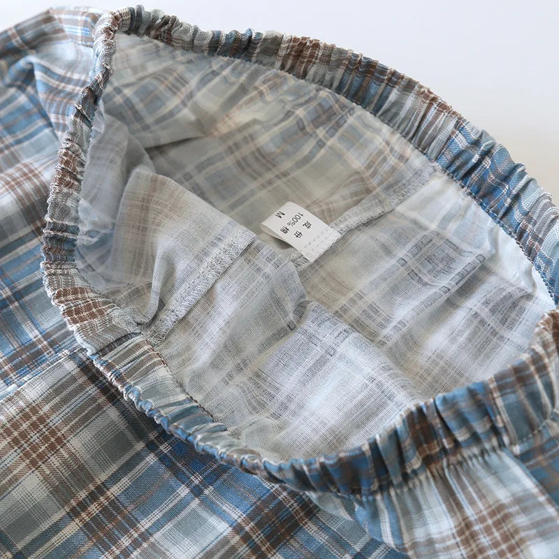 2025 Japanese New Men's Pajama Set Spring/Summer Checkered Simple Long sleeved Two Piece Set 100%Cotton Cardigan Home Furnishing