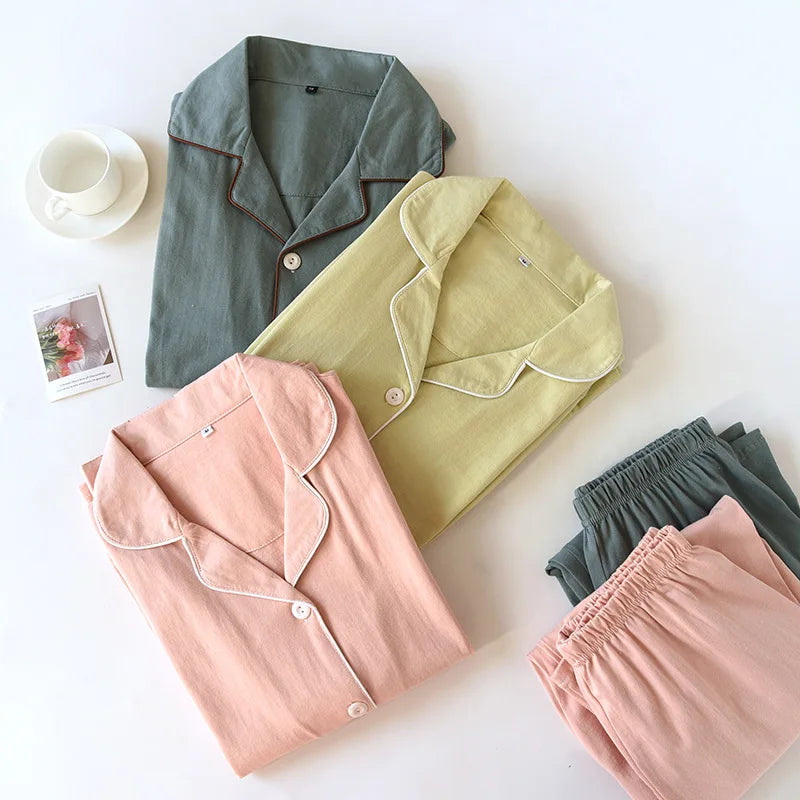 2025 Spring and Autumn New Couple Pajamas Two Piece Set 100%Cotton Knitted Men's and Women's Simple Long Sleeve Home Furnishings