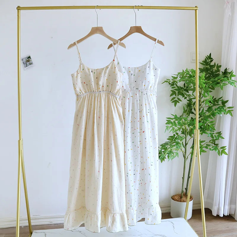 2025 New Summer Women's Sleeping Skirt 100% Cotton Crepe with Chest Cushion Suspender Dress Cute Thin Home Dress Summer Dress