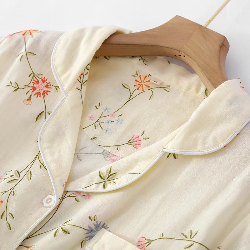 New summer women's pajamas short-sleeved shorts suit cotton double-layer gauze print fresh home clothes two-piece set ladies