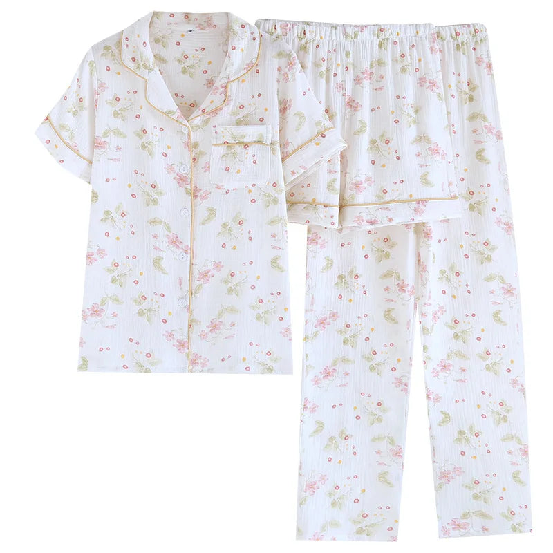2025 New Spring/Summer Women's Pajama Set 100% Cotton Crepe Short Sleeve+Shorts+Pants 3-Piece Thin cardigan Home Clothes Ladies