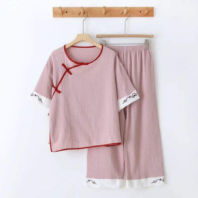 New spring and summer 100% cotton Chinese style women's pajamas two-piece set three-quarter sleeve tops home service suits