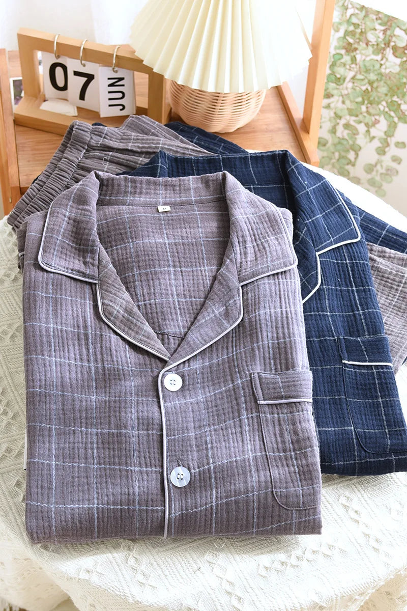 2025 Spring and Autumn New Men's Pajama Set 100%Cotton Crepe Plaid Long sleeved Pants Two Piece Set Cardigan Large Size Homewear
