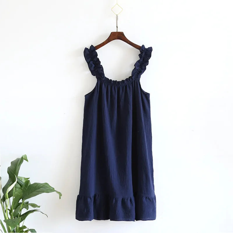 2025 Summer New Style Nightdress Ladies 100% Cotton Crepe Thin Vest Suspender Skirt Loose Long Skirt Sweet And Cute Home Skirt