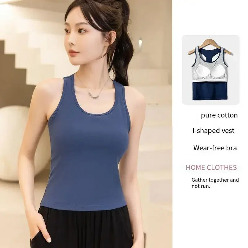 2025 New Women's Summer Pure Cotton Tank Top with Breast Pads Bra One Piece Racerback Backing Sleepwear Home Furnishing Top