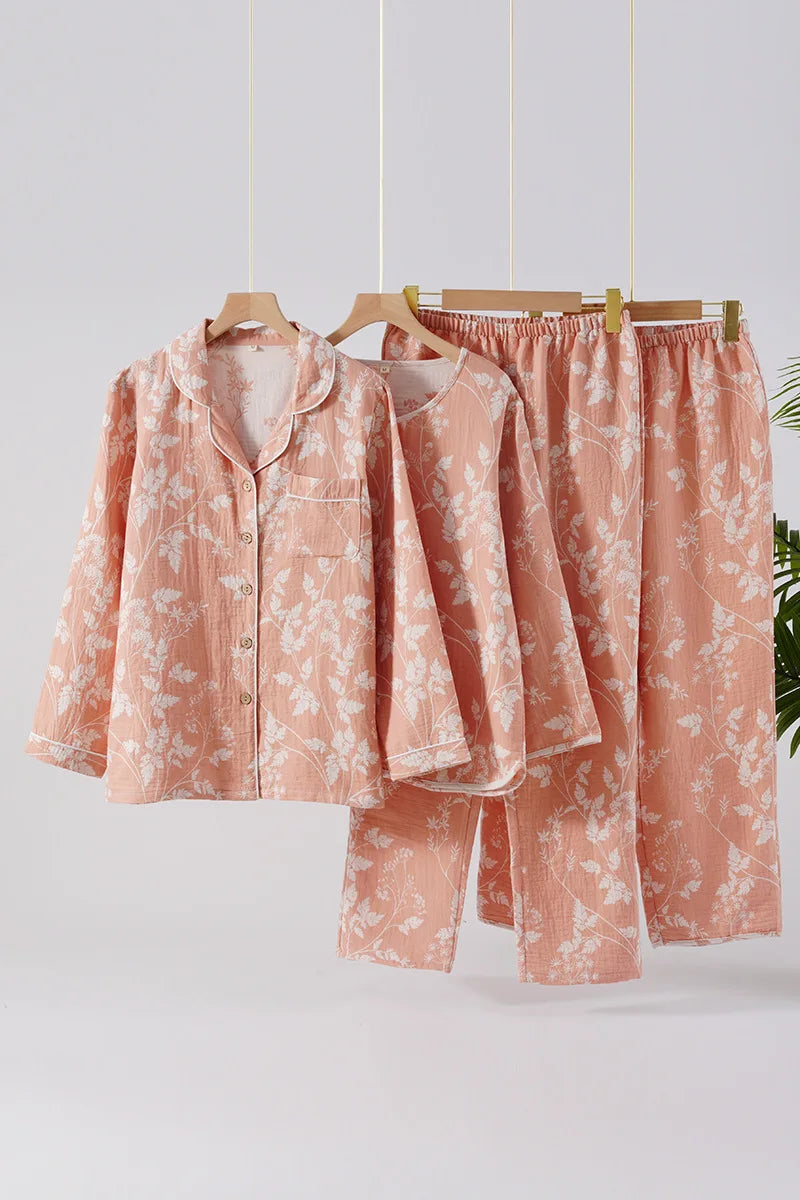 2025 New Spring and Autumn Women's Pajama Set 100% Cotton Gauze Jacquard Long Sleeve Long Pants Loose Home Clothes Two Piece Set