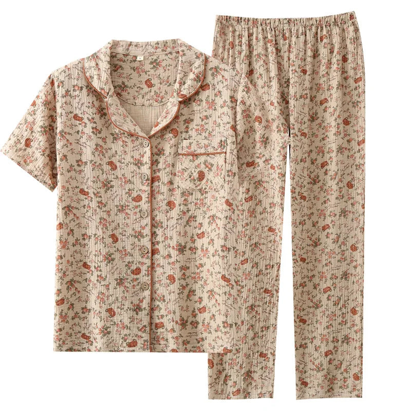 2025 Spring/Summer Women's New Pajama Set 100% Cotton Crepe Short Sleeves+Pants Flip Collar Vintage Flower Simple Homewear
