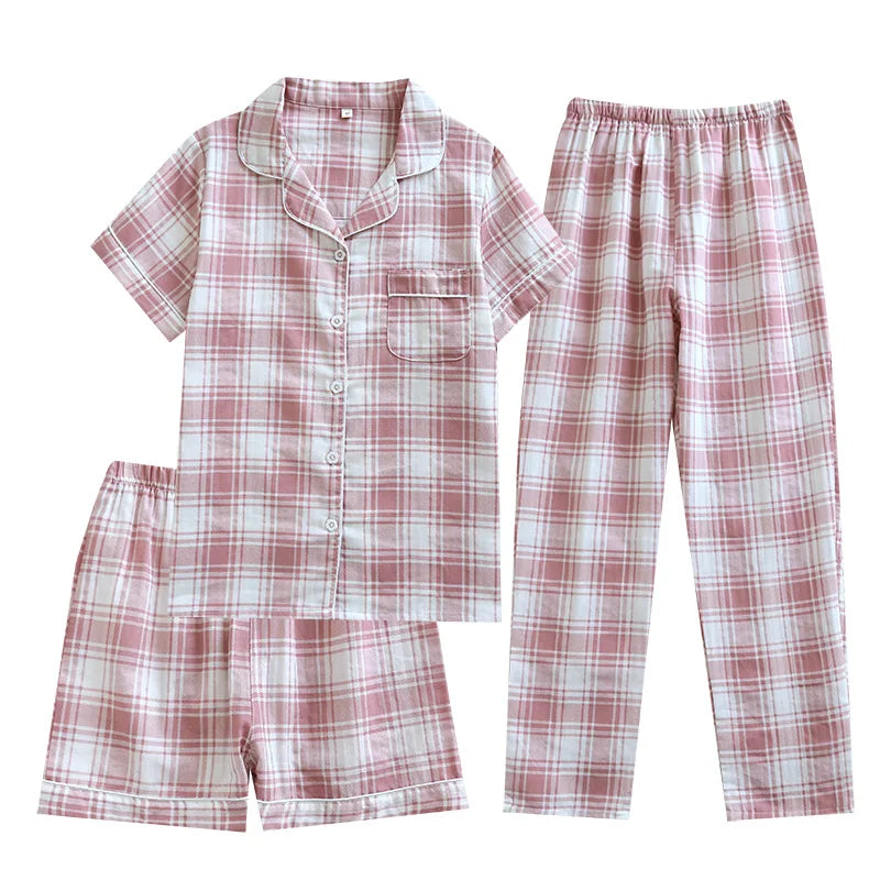 2025 New Summer Women's Pajama Set 100% Cotton Gauze Thin Short Sleeve+Shorts+Pants Simple Checkered Home Furnishing Set
