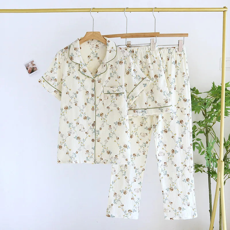2025 New Women's Spring/Summer Pajama Set 100% Cotton Short Sleeves+Shorts+Long Pants Three Piece Thin Sweet Home Furnishings