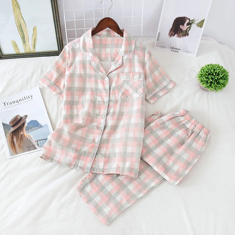 2025 Japanese style simple short women female 100% cotton gauze short sleeve trousers ladies pajamas suit cute pajamas sets home