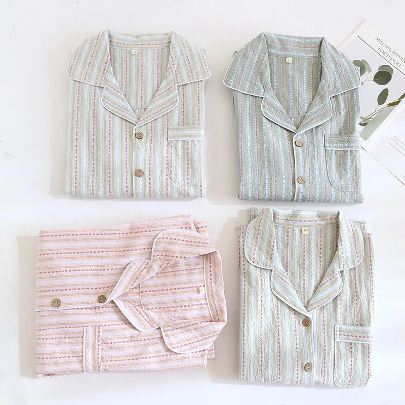 2025 New Spring/Summer Couple Set 100% Cotton Striped Long Sleeve Two Piece Set Men's and Women's Cardigan Home Clothes