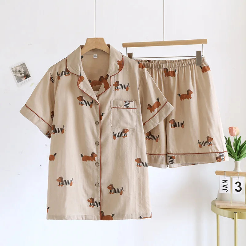 New 100% cotton short-sleeved shorts ladies pajamas set cute cartoon pajamas Japanese simple short pajamas women sleepwear