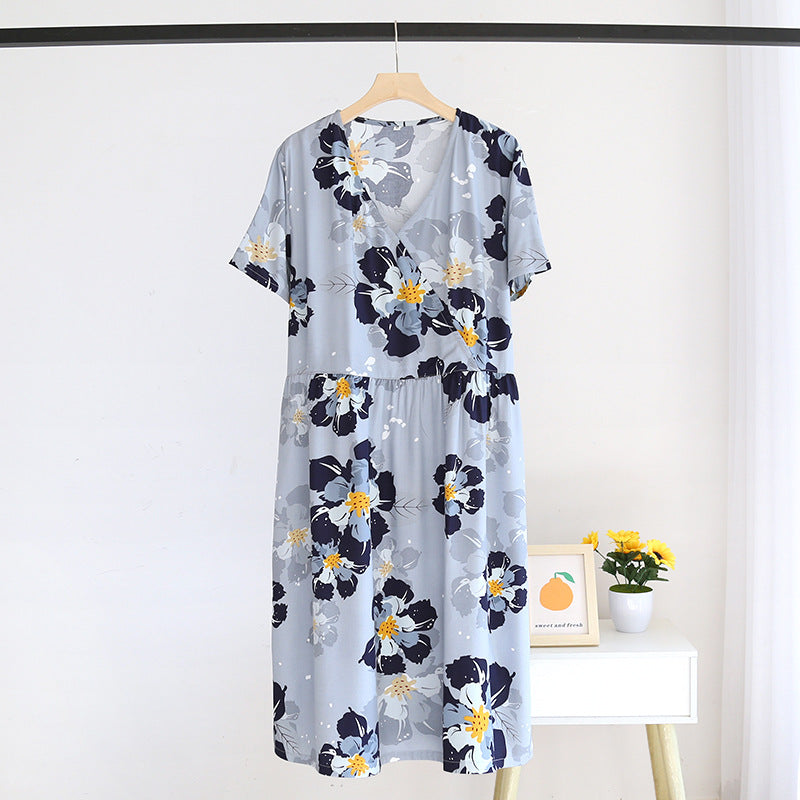 Summer New Ladies V-neck Nightdress 100% Viscose Short Sleeve Home Dress Floral Comfort Large Size Dress Thin Section women