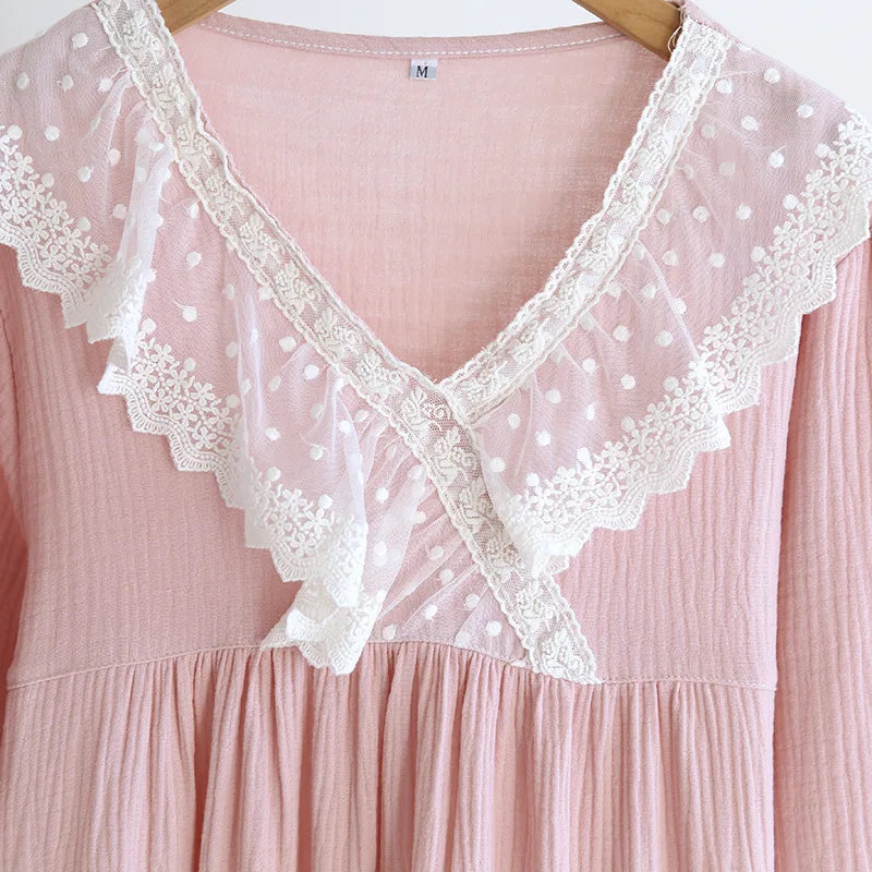 Japanese new spring and summer ladies nightdress 100% cotton crepe long skirt sweet princess long sleeve skirt plus size women