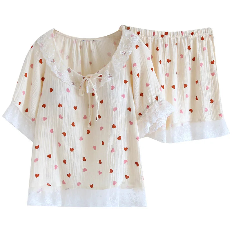 2025 New Summer Women's Pajama Set 100% Cotton Short Sleeve Shorts with Chest Pads Two Piece Loose Home Furnishings Ladies