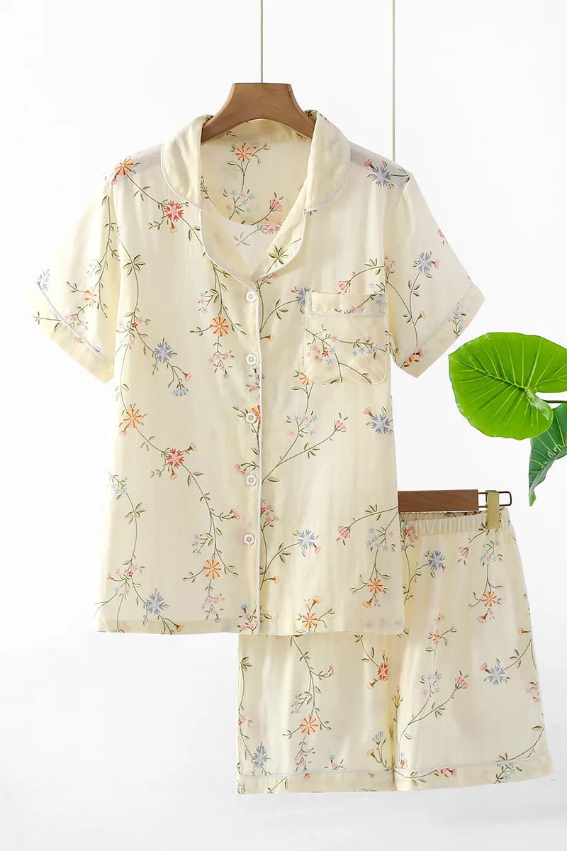 New summer women's pajamas short-sleeved shorts suit cotton double-layer gauze print fresh home clothes two-piece set ladies
