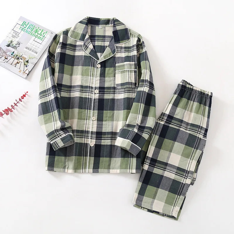 Spring and autumn men and women cotton double gauze long sleeve trousers suit couple summer thin pajamas home service plus size