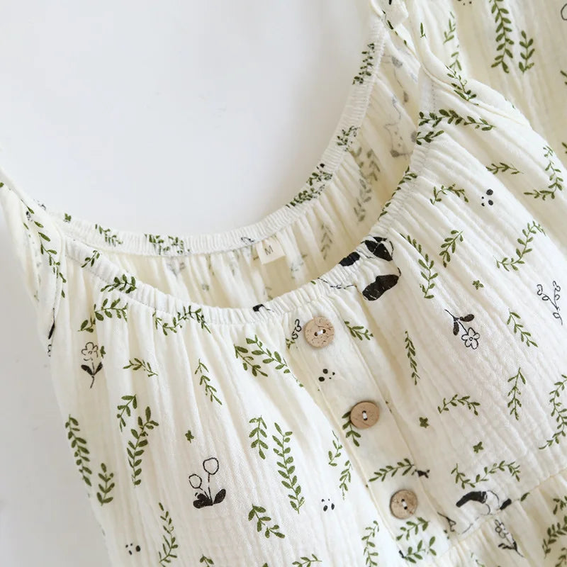 2025 New Summer Women's Pajamas Two Piece Set 100% Cotton Crepe Cloth with Chest Cushion Suspender+Shorts Set Cute Home Fury