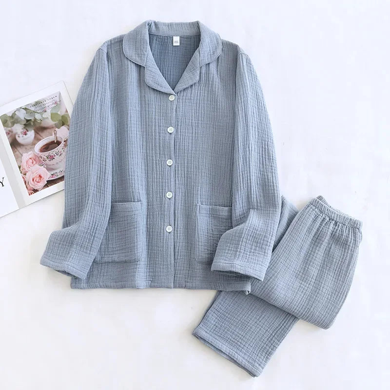 2025 New Couple's Pajama Set 100% Cotton Men's and Women's Collar Long Sleeve Long Pants Solid Color Two Piece Home Set Pijamas