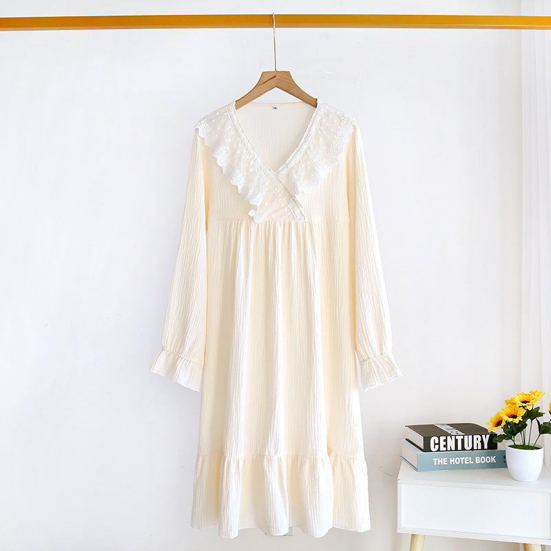 Japanese new spring and summer ladies nightdress 100% cotton crepe long skirt sweet princess long sleeve skirt plus size women