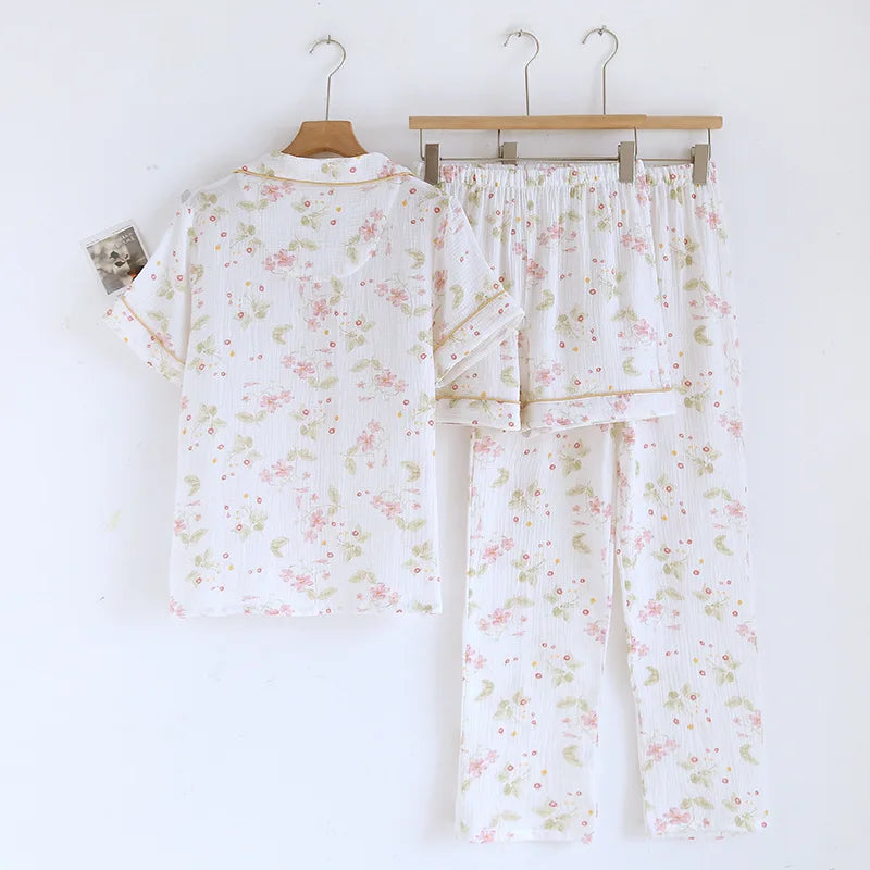 2025 New Spring/Summer Women's Pajama Set 100% Cotton Crepe Short Sleeve+Shorts+Pants 3-Piece Thin cardigan Home Clothes Ladies