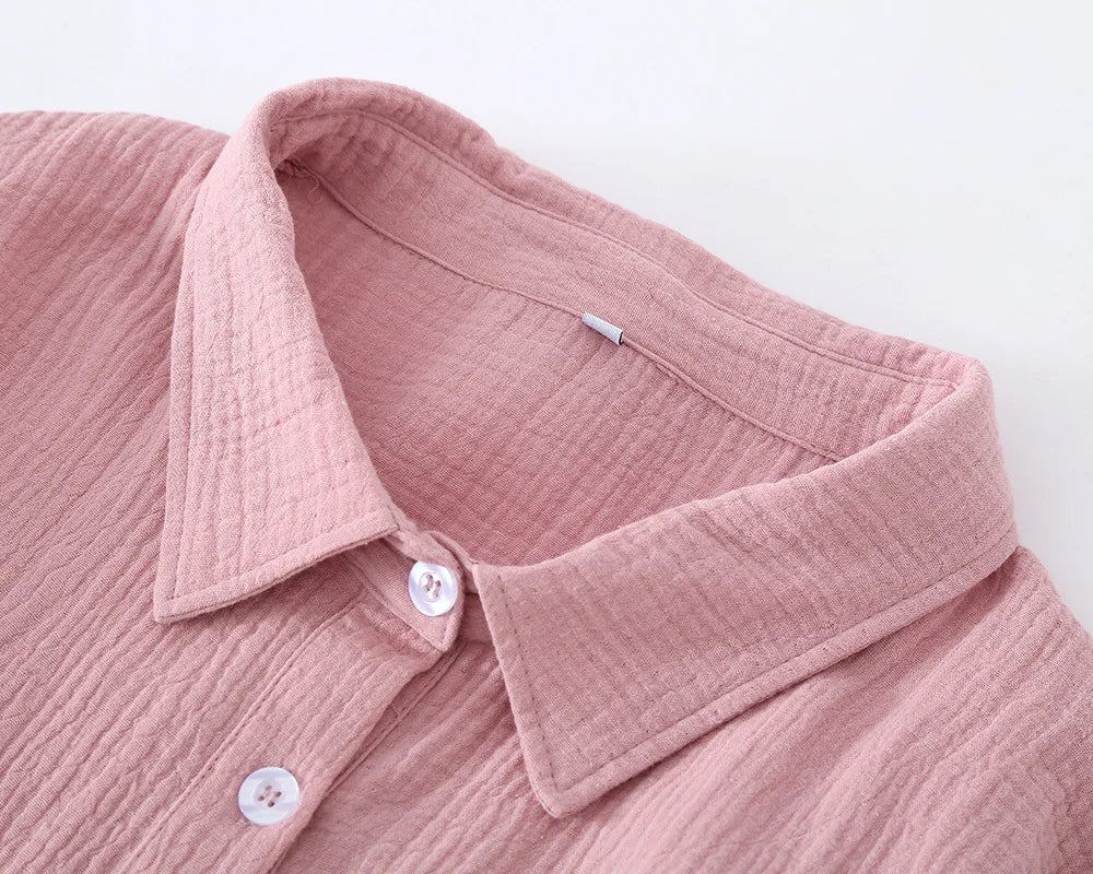 2025 New Summer Sleeping Dress 100% Cotton Crepe Short Sleeve Skirt Shirt Dress Women's Button Long Dress Home Casual Dress