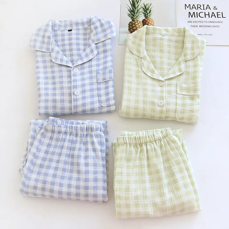 2025 New Spring Couple's Pajama Set 100% Cotton Long Sleeve Long Pants Two Piece Set Checkered Men's and Women's Home Clothes