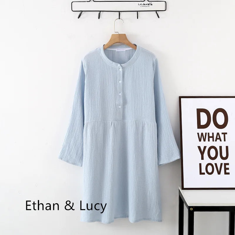 Spring and Autumn Women's Long Sleeve Nightdress 100%Cotton Crepe Round Neck Button Solid Color Dress Home Dress Nightgown Dress