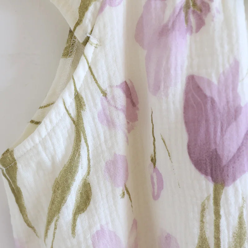2025 New Summer Women's Sleeping Skirt 100% Cotton Crepe Cloth with Chest Cushion Tank Top Skirt Loose Thin Large Home Clothing