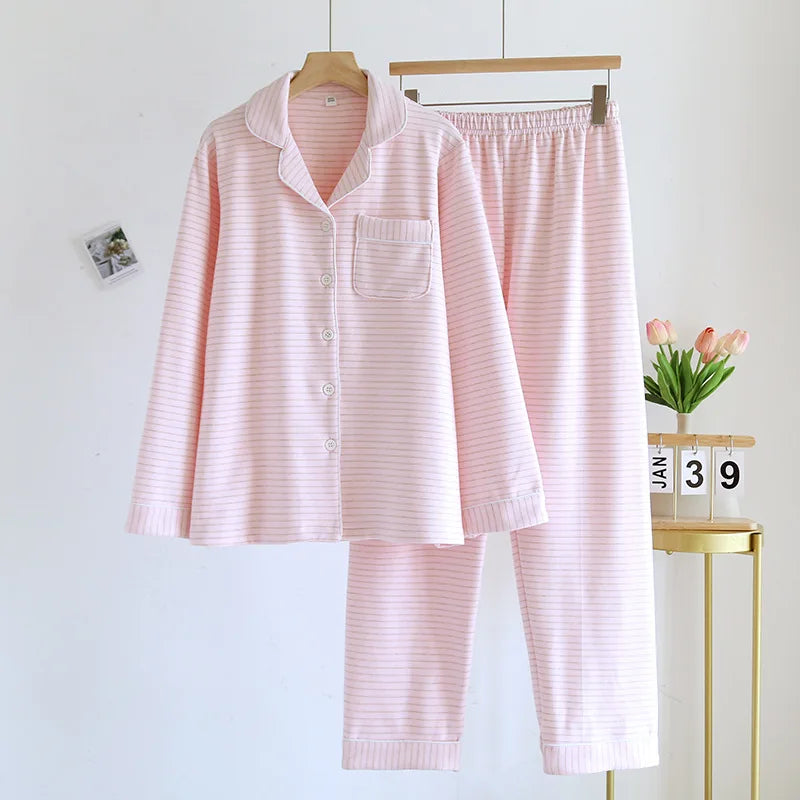 2025 Autumn/Winter New Women's Pajama Set Long Sleeve Long Pants Two Piece Set Striped German Velvet Warm Thick Home Clothes