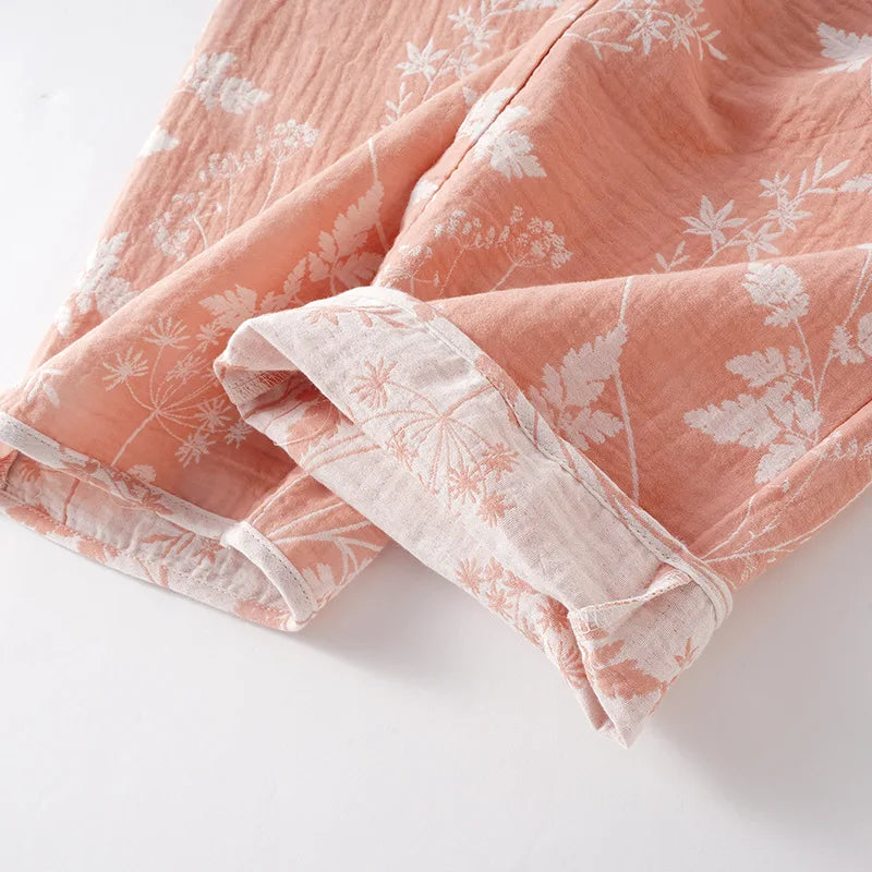 2025 New Spring and Autumn Women's Pajama Set 100% Cotton Gauze Jacquard Long Sleeve Long Pants Loose Home Clothes Two Piece Set