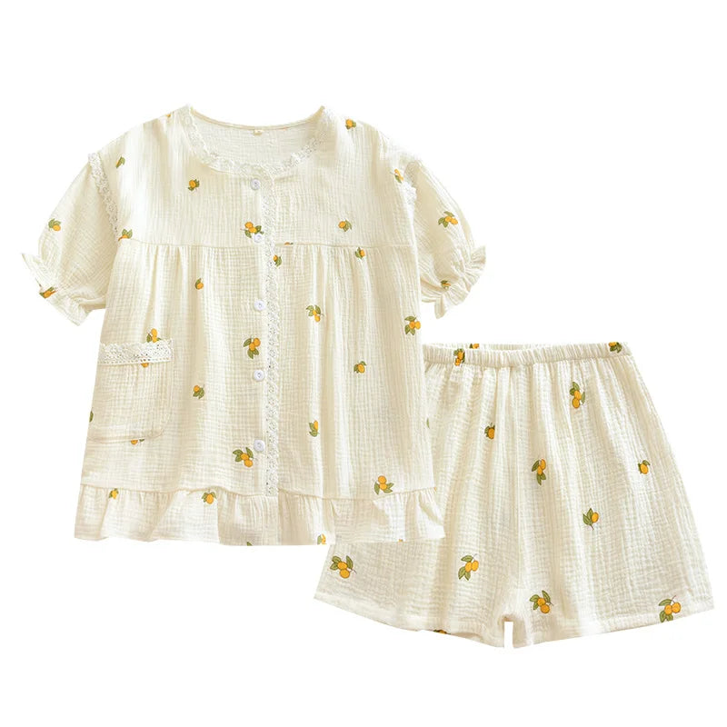 New summer ladies pajamas short-sleeved shorts two-piece set 100% cotton crepe suit female cute fresh home clothes plus size