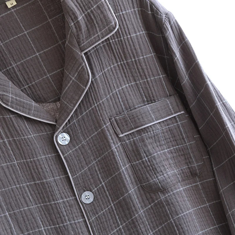 2025 Spring and Autumn New Men's Pajama Set 100%Cotton Crepe Plaid Long sleeved Pants Two Piece Set Cardigan Large Size Homewear