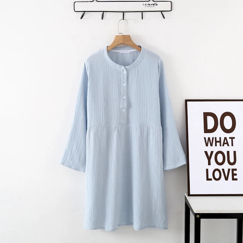 Spring and Autumn Women's Long Sleeve Nightdress 100%Cotton Crepe Round Neck Button Solid Color Dress Home Dress Nightgown Dress