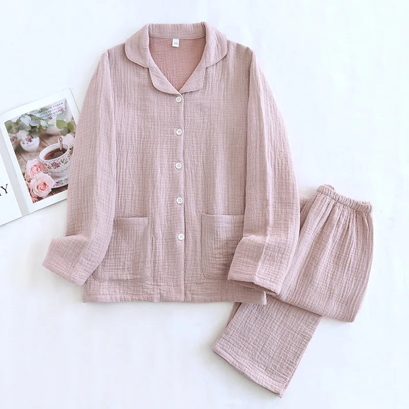 2025 New Couple's Pajama Set 100% Cotton Men's and Women's Collar Long Sleeve Long Pants Solid Color Two Piece Home Set Pijamas