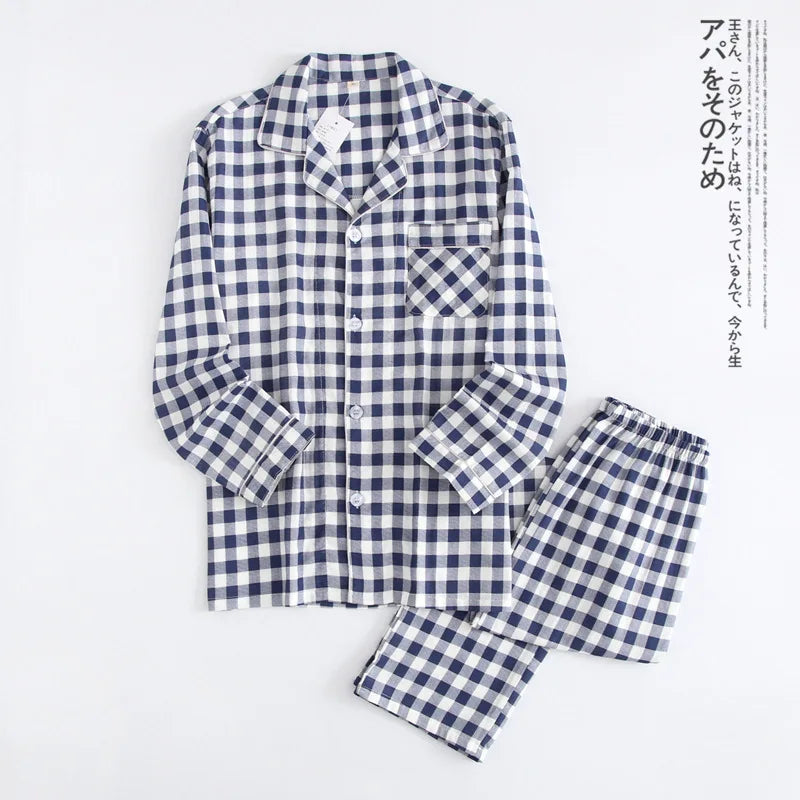 Japanese new couple pajamas, long-sleeved trousers, two-piece 100% cotton gauze simple plaid home service suit for men and women