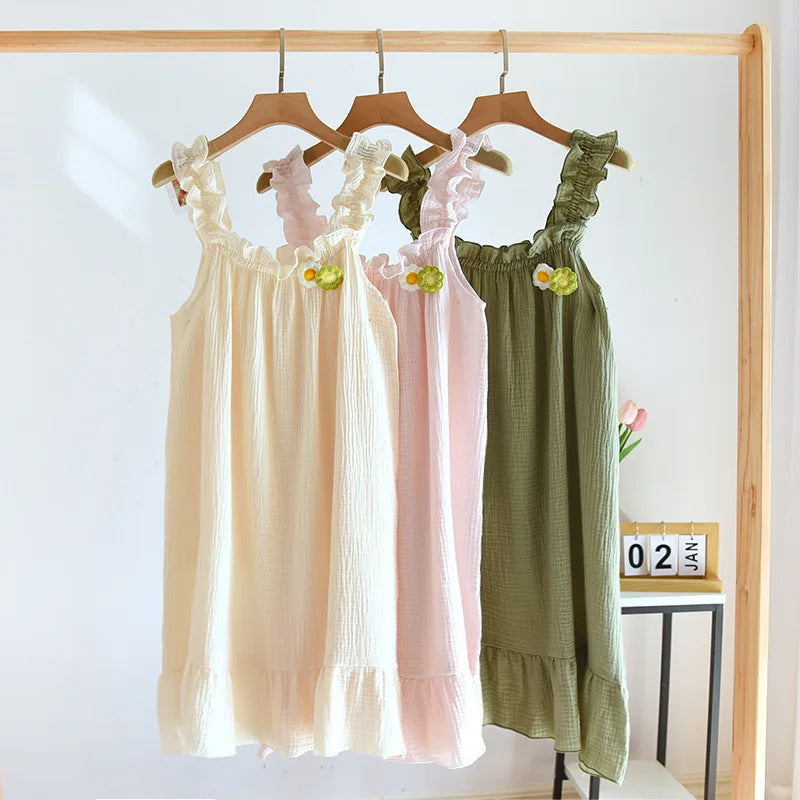 2025 summer new women's suspender nightdress 100% cotton crepe thin style solid color floral vest skirt home skirt sleepwear