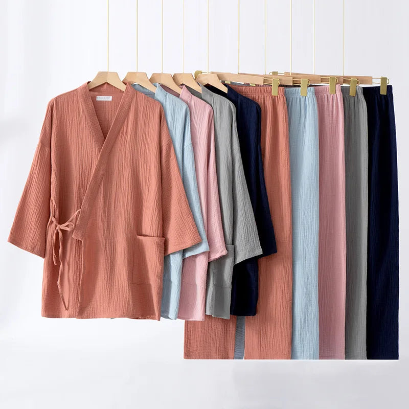 Japanese kimono suit lovers 100% cotton crepe pajamas long sleeved trousers two-piece kimono suit for men and women sleepwear