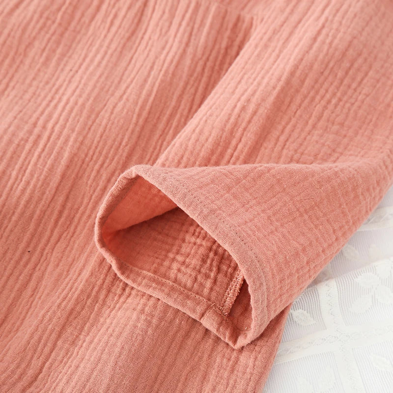 Spring and Autumn Women's Long Sleeve Nightdress 100%Cotton Crepe Round Neck Button Solid Color Dress Home Dress Nightgown Dress