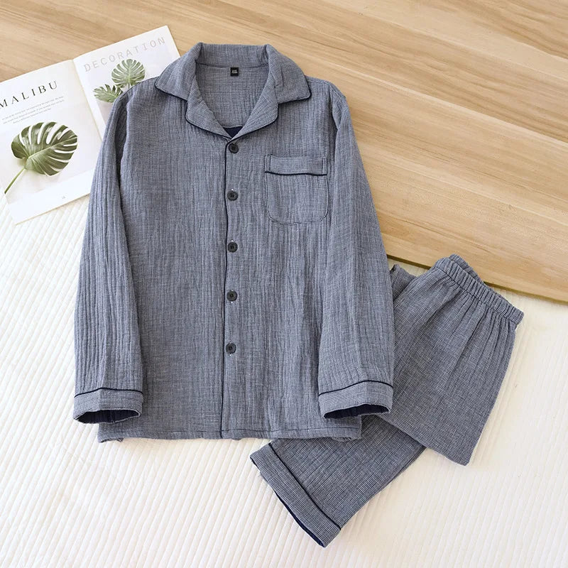 2025 New Spring Couple's Pajama Set 100% Cotton Four Layer Gauze Men's and Women's Long Sleeve Long Pants Two Piece Home Clothes