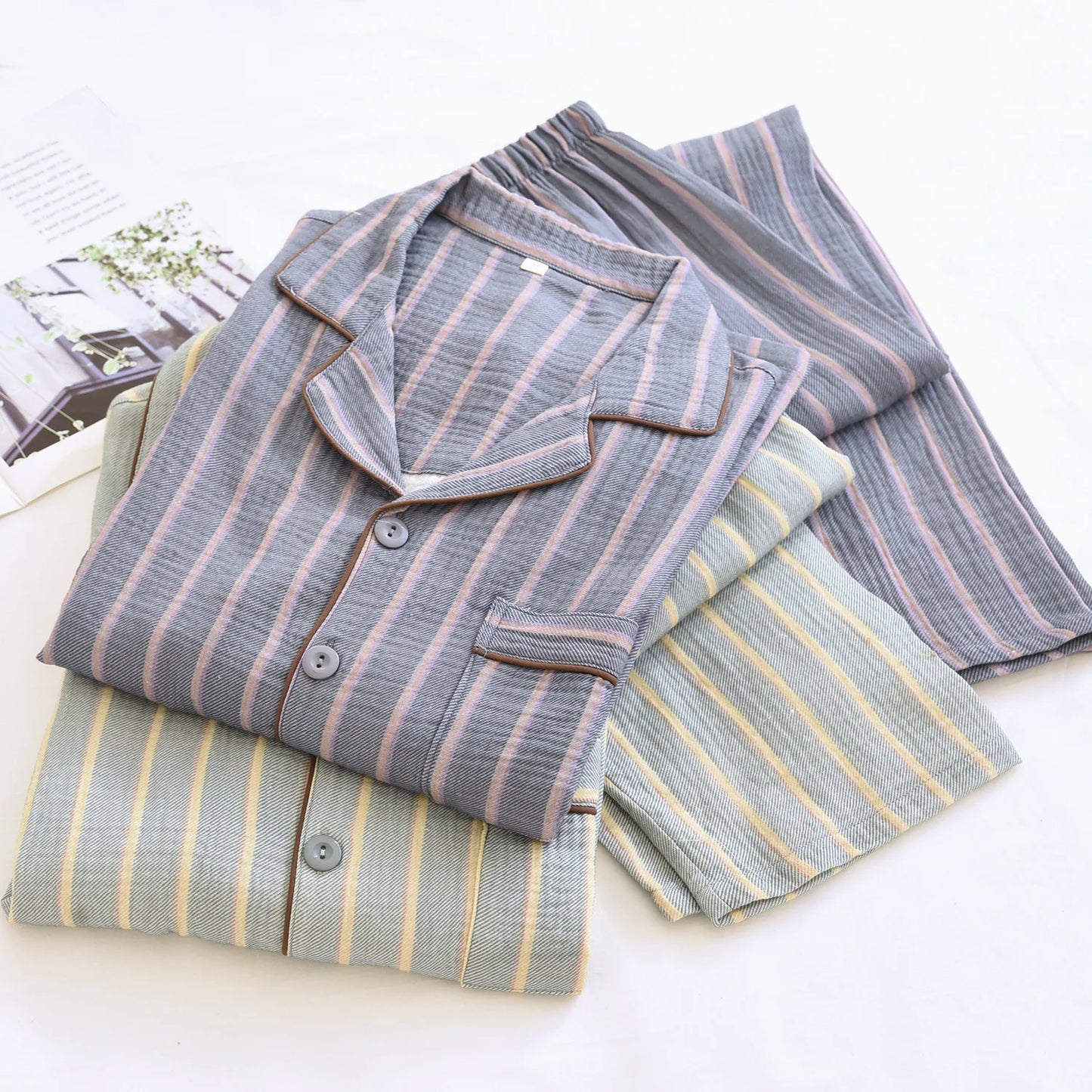 New men's sleepwear two-piece set for spring 2025 100% cotton crepe fabric vertical stripe long sleeved long pants home suit set