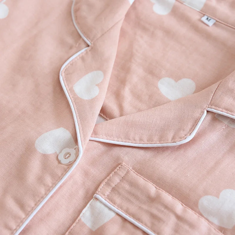 New spring and summer women's pajamas three-piece set short sleeves + shorts + trousers 100%cotton gauze love print homewear set