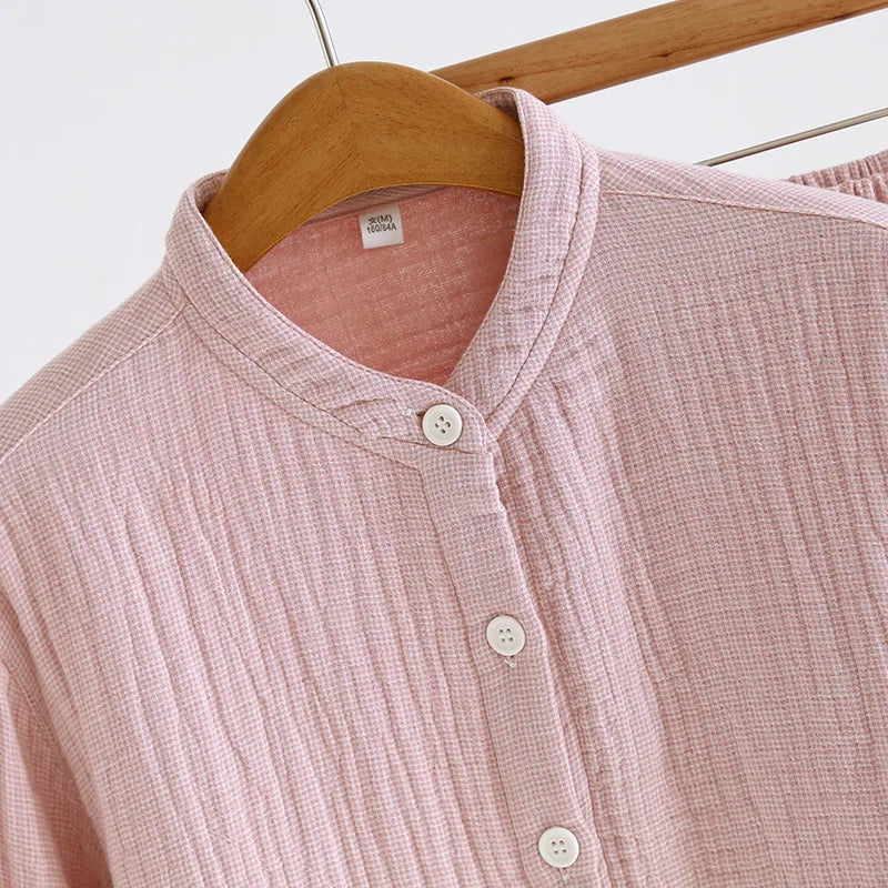 2025 Spring and Autumn New Couple Pajama Set 100% Pure Cotton Crepe Cloth Men's and Women's Stand up Neck Simple Home Clothing