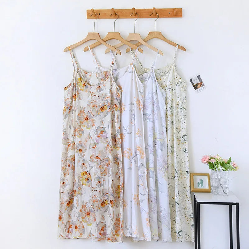 2025 Spring/Summer New Women's Sling Skirt 100% Viscose Fiber Sleeping Skirt Printed Sleeping Skirt Sexy Home Dress for Ladies